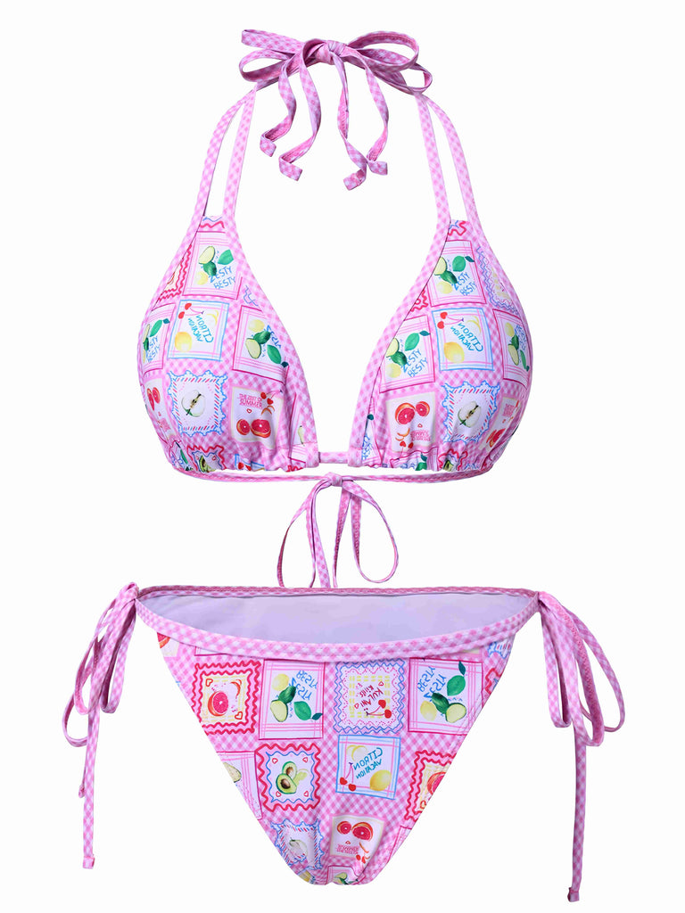 Pink 1960s Fruits Plaid Halter Bikini Set
