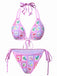 Pink 1960s Fruits Plaid Halter Bikini Set