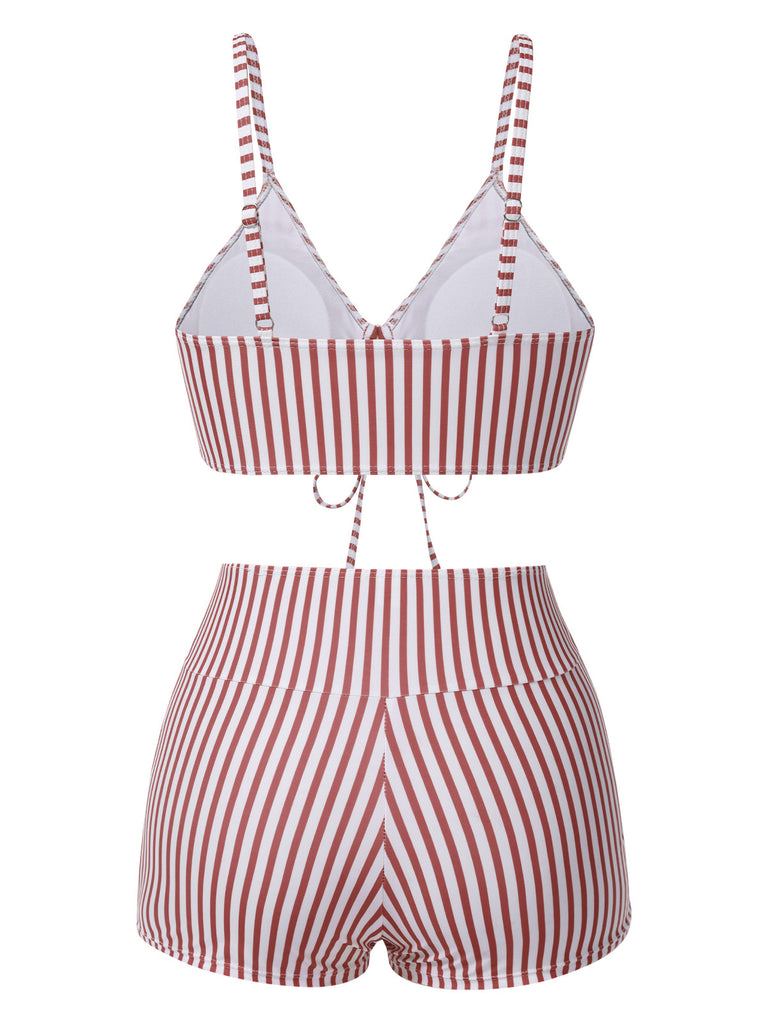 1930s Drawstring Straps Vertical Stripe Boxer Bikini
