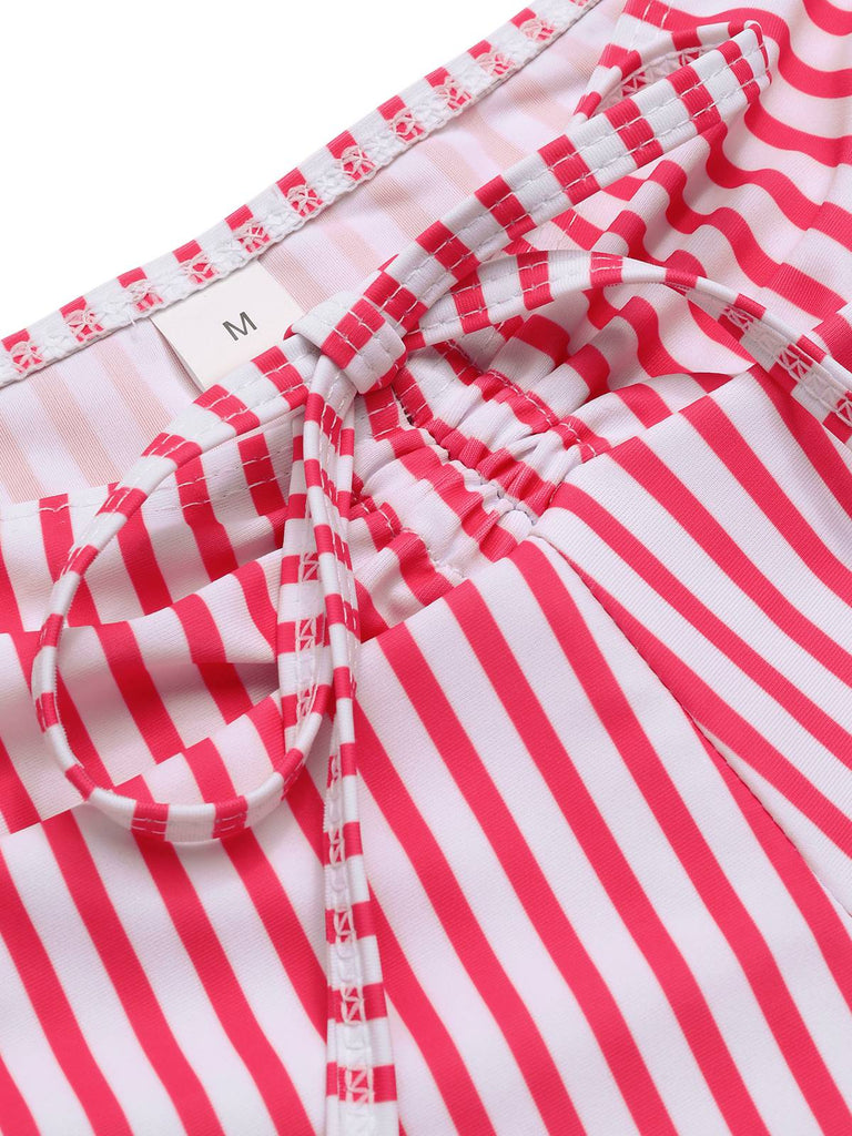 1930s Drawstring Straps Vertical Stripe Boxer Bikini