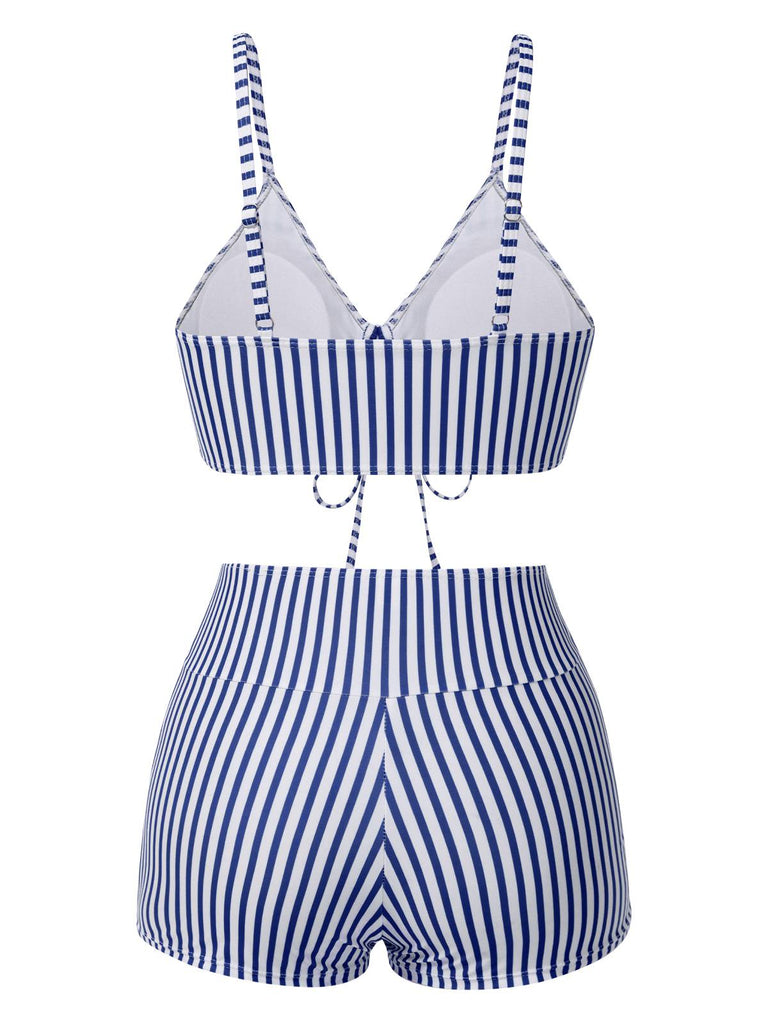 1930s Drawstring Straps Vertical Stripe Boxer Bikini