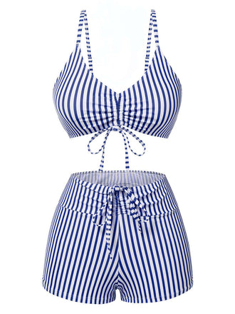1930s Drawstring Straps Vertical Stripe Boxer Bikini