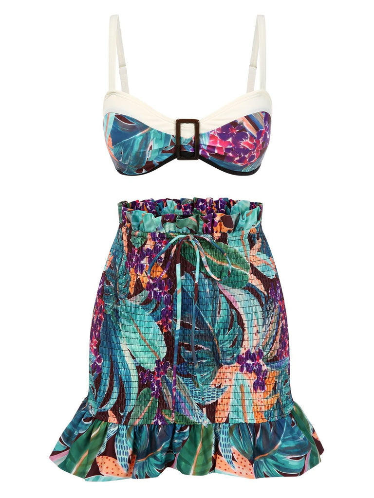 3PCS Green 1950s Floral Ruffles Skirt Swimsuit