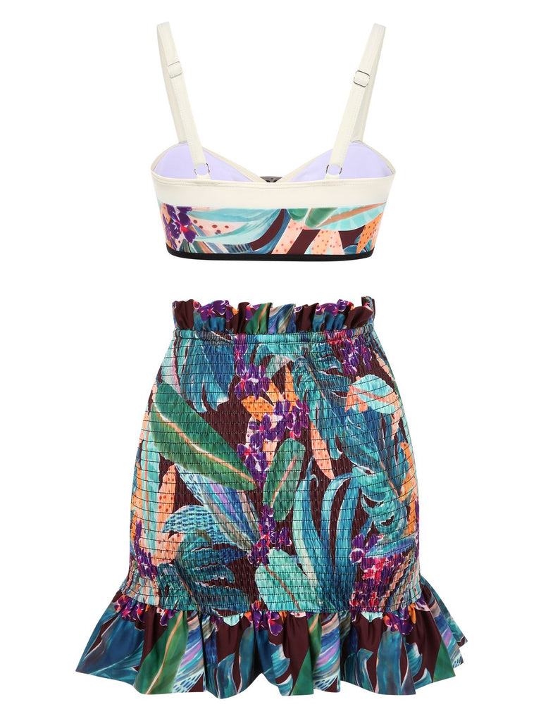 3PCS Green 1950s Floral Ruffles Skirt Swimsuit
