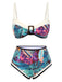 3PCS Green 1950s Floral Ruffles Skirt Swimsuit