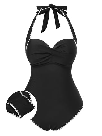 Black 1950s Halter Scallop-Trim One-Piece Swimsuit
