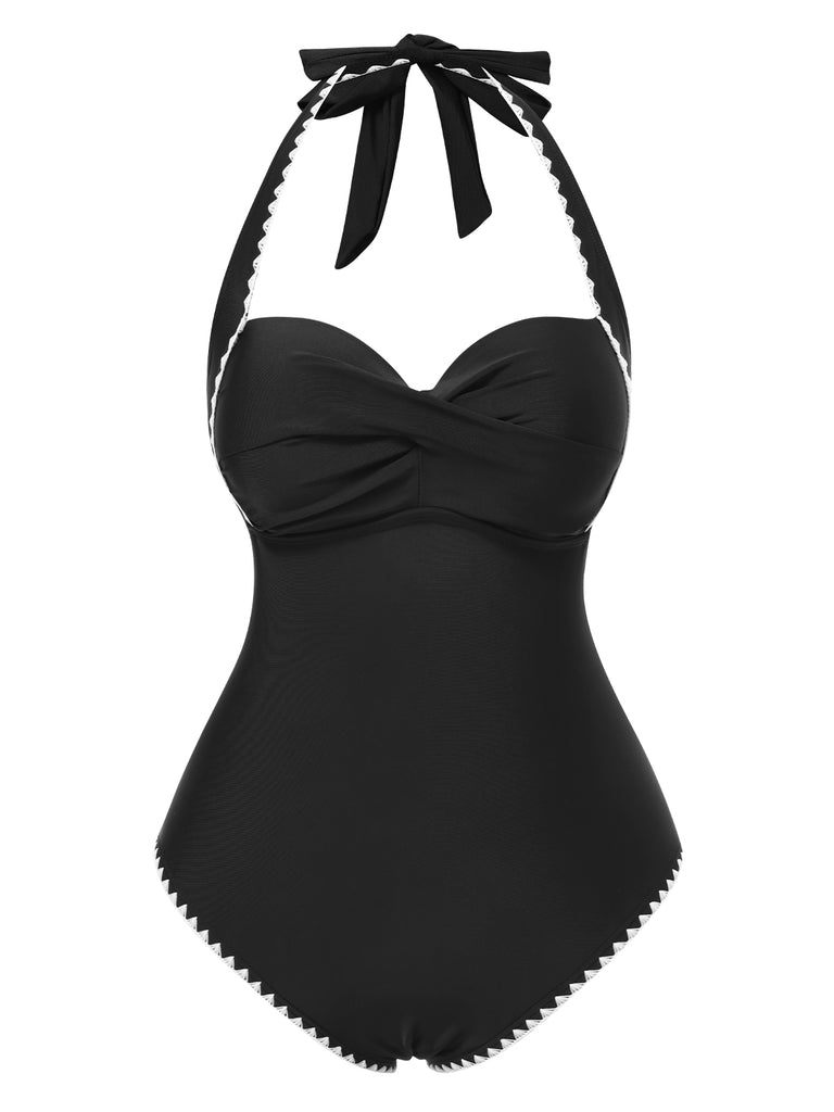 Black 1950s Halter Scallop-Trim One-Piece Swimsuit