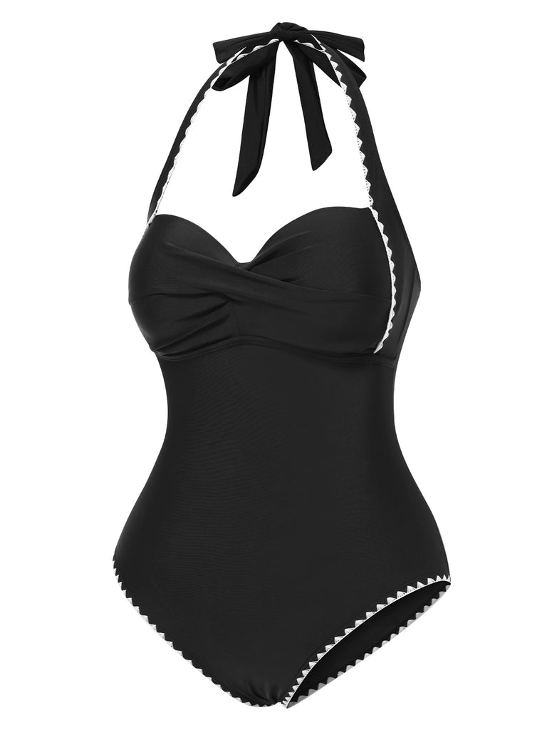 Black 1950s Halter Scallop-Trim One-Piece Swimsuit