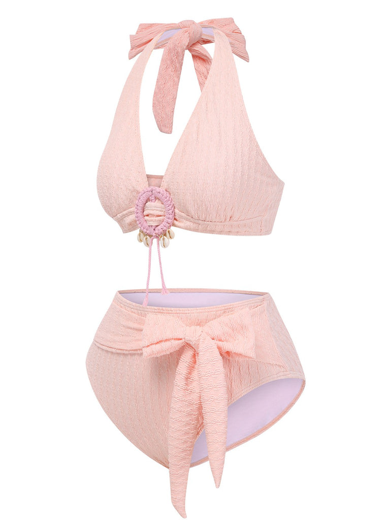 1950s Deep V-Neck Textured Seashell Halter Swimsuit