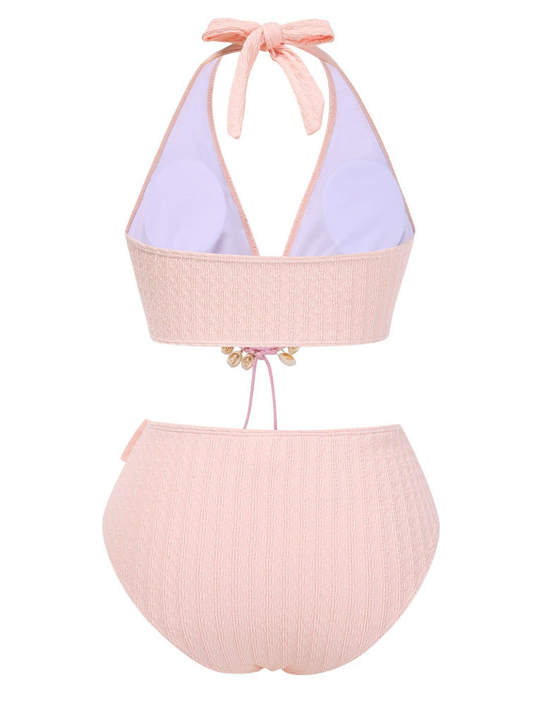 1950s Deep V-Neck Textured Seashell Halter Swimsuit
