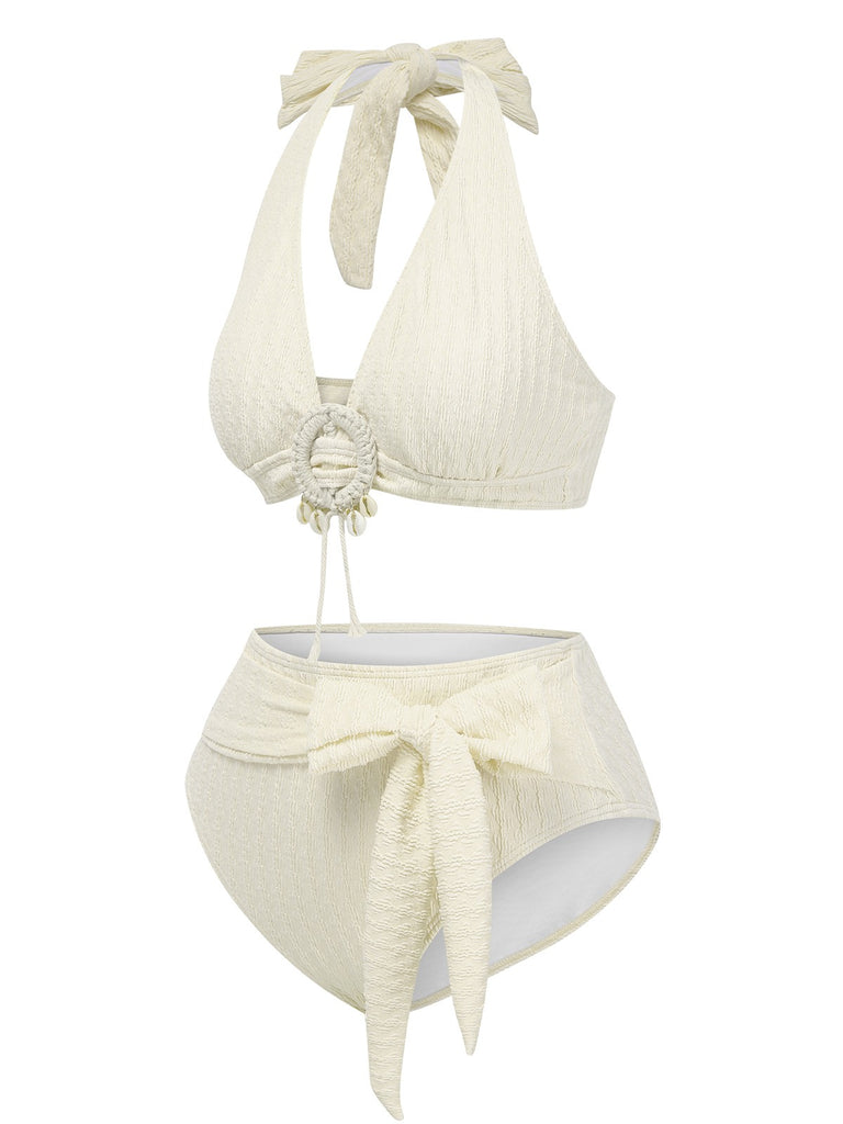 1950s Deep V-Neck Textured Seashell Halter Swimsuit