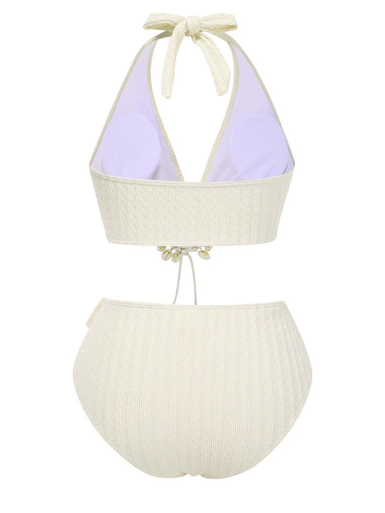 1950s Deep V-Neck Textured Seashell Halter Swimsuit