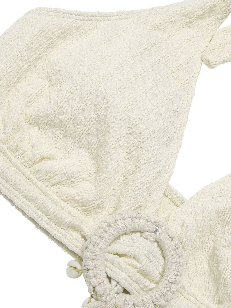 1950s Deep V-Neck Textured Seashell Halter Swimsuit