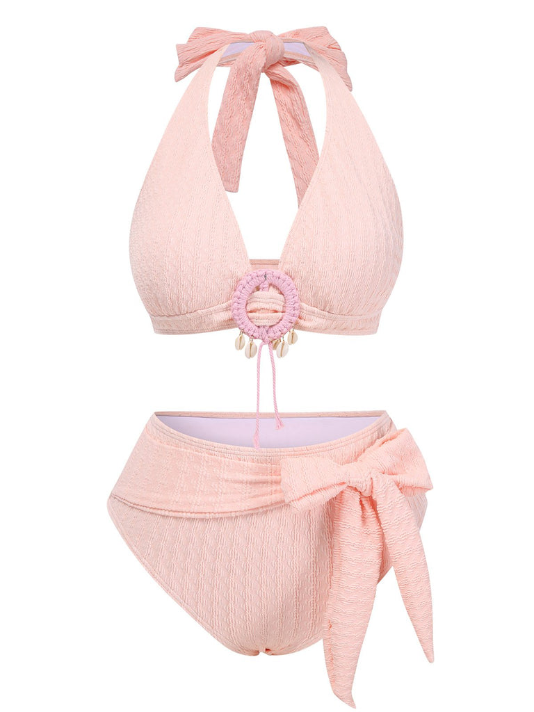 1950s Deep V-Neck Textured Seashell Halter Swimsuit