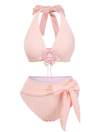 1950s Deep V-Neck Textured Seashell Halter Swimsuit