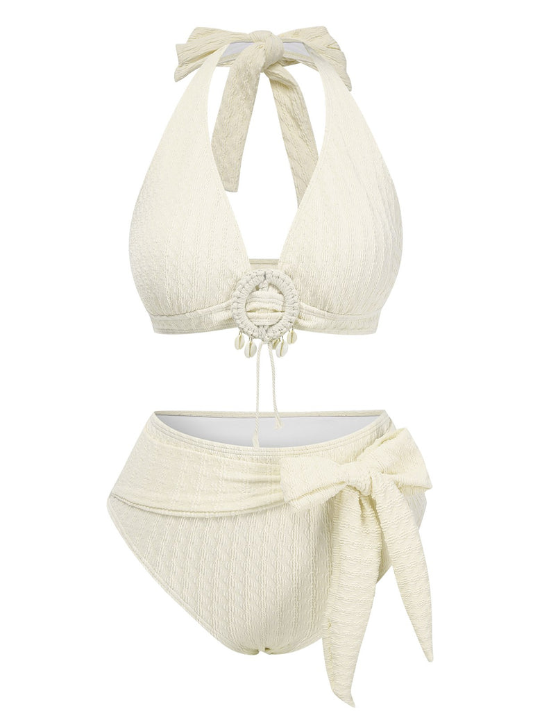 1950s Deep V-Neck Textured Seashell Halter Swimsuit
