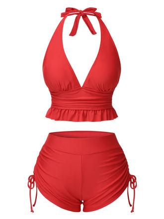 Red 1950s Halter Solid Ruffle Tankini