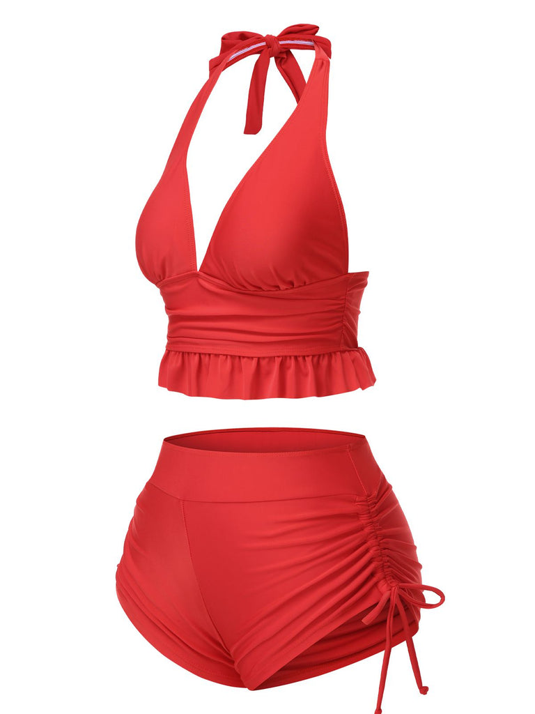 Red 1950s Halter Solid Ruffle Tankini