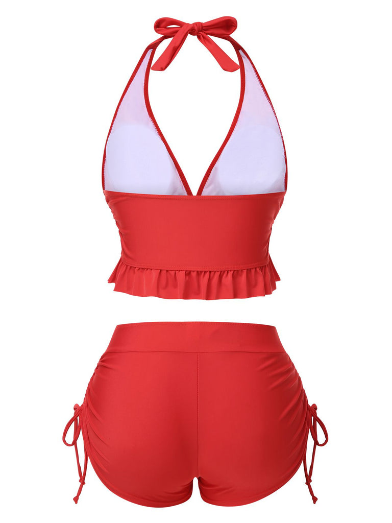 Red 1950s Halter Solid Ruffle Tankini