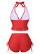 Red 1950s Halter Solid Ruffle Tankini