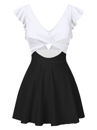 1930s Solid Ruffles Cut-Out Patchwork Swimdress