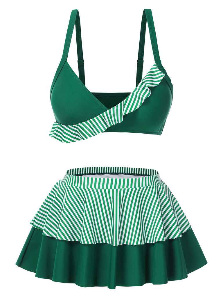 [Pre-Sale] Green 1940s Striped Ruffles Patchwork Skirt Swimsuit