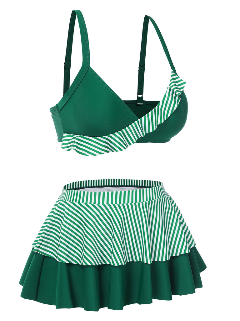 [Pre-Sale] Green 1940s Striped Ruffles Patchwork Skirt Swimsuit