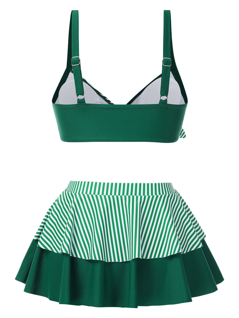 [Pre-Sale] Green 1940s Striped Ruffles Patchwork Skirt Swimsuit