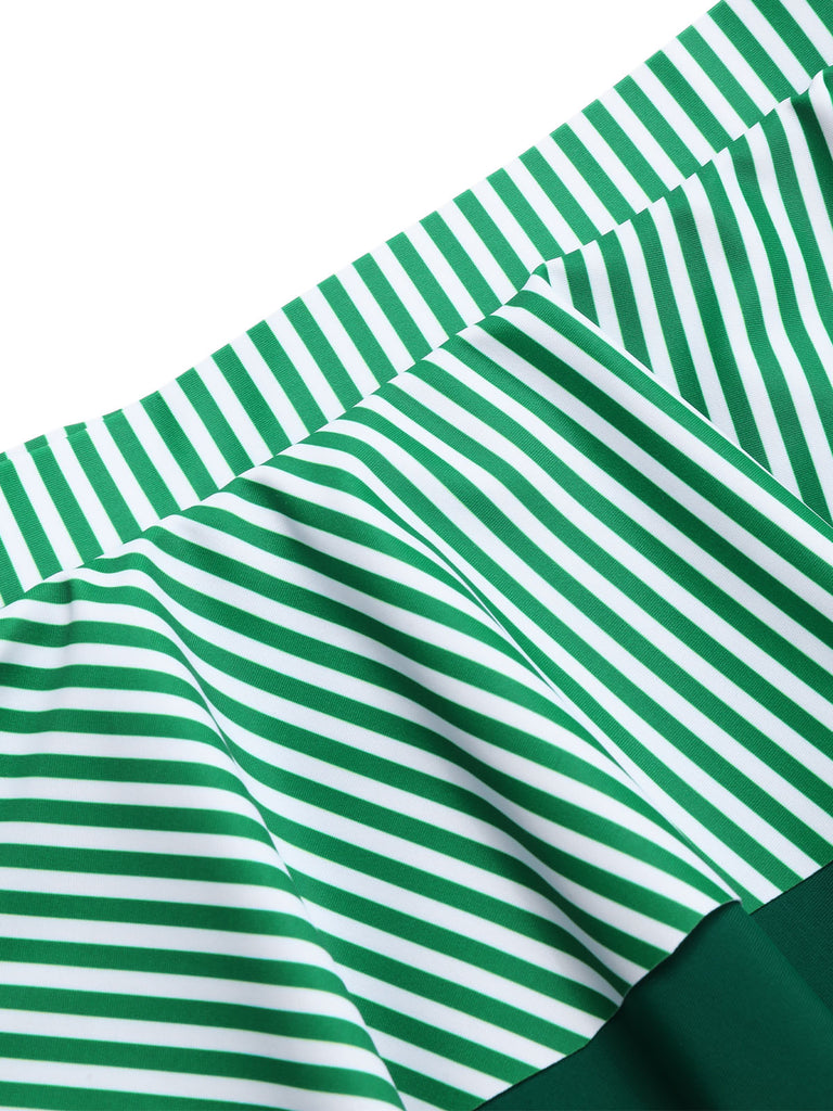 [Pre-Sale] Green 1940s Striped Ruffles Patchwork Skirt Swimsuit
