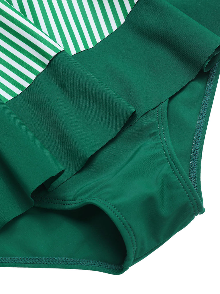 [Pre-Sale] Green 1940s Striped Ruffles Patchwork Skirt Swimsuit