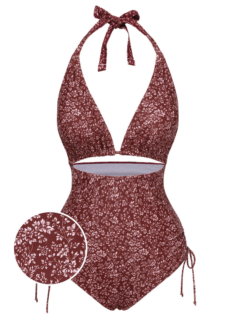 [Pre-Sale] Brown 1970s Bohemia Floral Halter One-Piece Swimsuit
