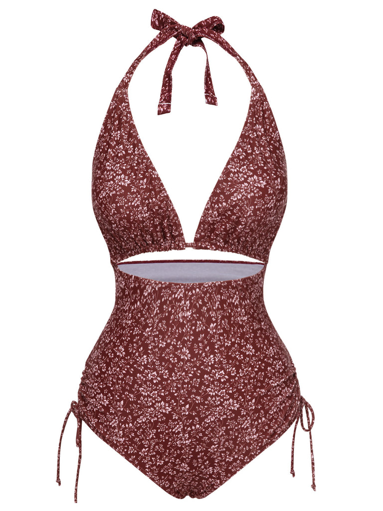 [Pre-Sale] Brown 1970s Bohemia Floral Halter One-Piece Swimsuit