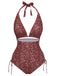 [Pre-Sale] Brown 1970s Bohemia Floral Halter One-Piece Swimsuit