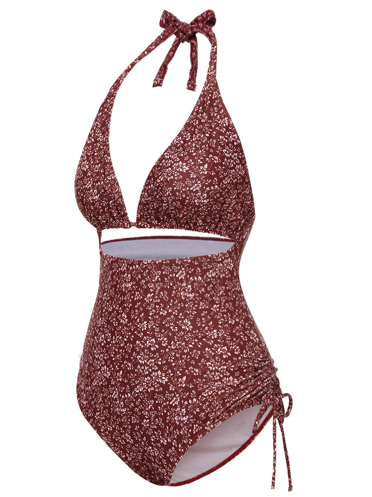 [Pre-Sale] Brown 1970s Bohemia Floral Halter One-Piece Swimsuit