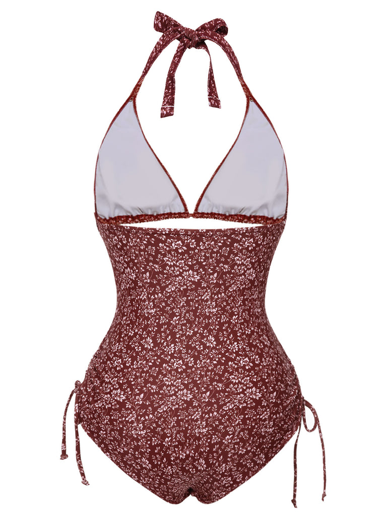 [Pre-Sale] Brown 1970s Bohemia Floral Halter One-Piece Swimsuit