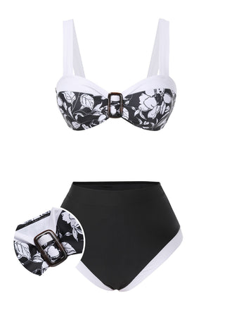 Black 1940s Hepburn Silhouette Floral Bikini Set