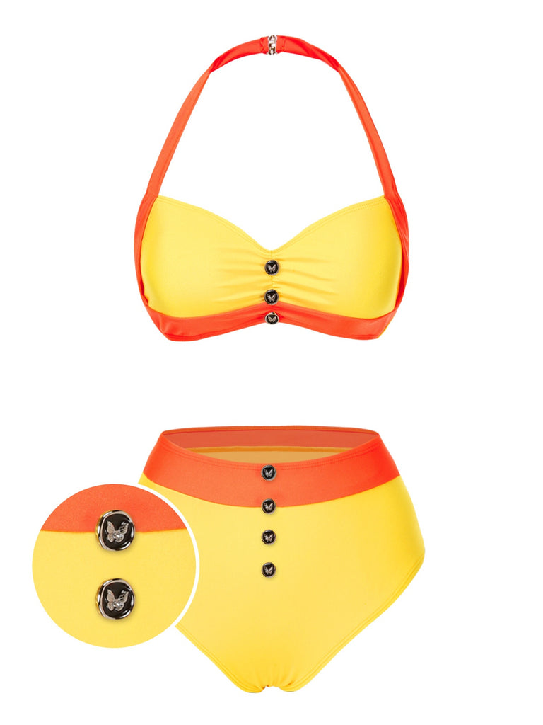 [Pre-Sale] Yellow & Orange 1960s Colorblock Halter Bikini Set