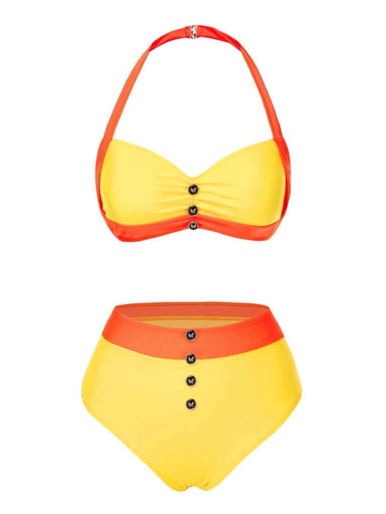 [Pre-Sale] Yellow & Orange 1960s Colorblock Halter Bikini Set