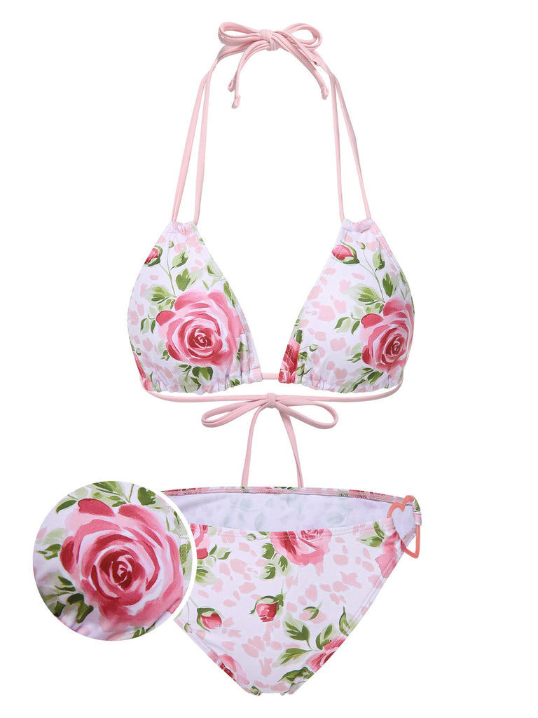 [Pre-Sale] Pink 1960s Lace-Up Halter Rose Bikini Set