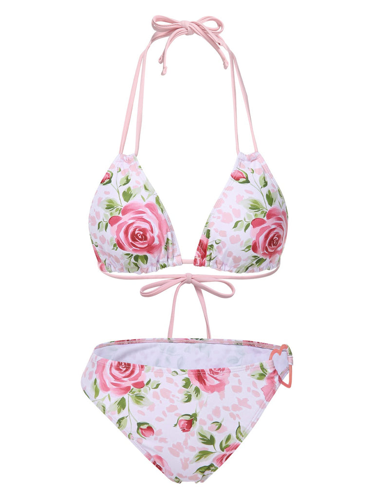 [Pre-Sale] Pink 1960s Lace-Up Halter Rose Bikini Set