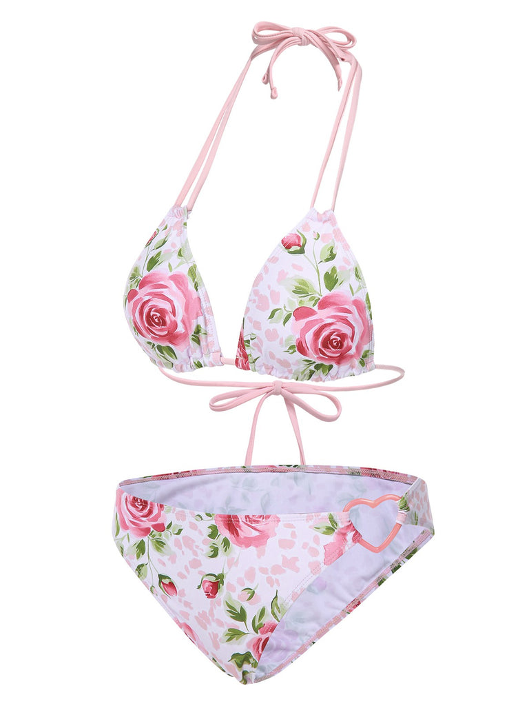 [Pre-Sale] Pink 1960s Lace-Up Halter Rose Bikini Set