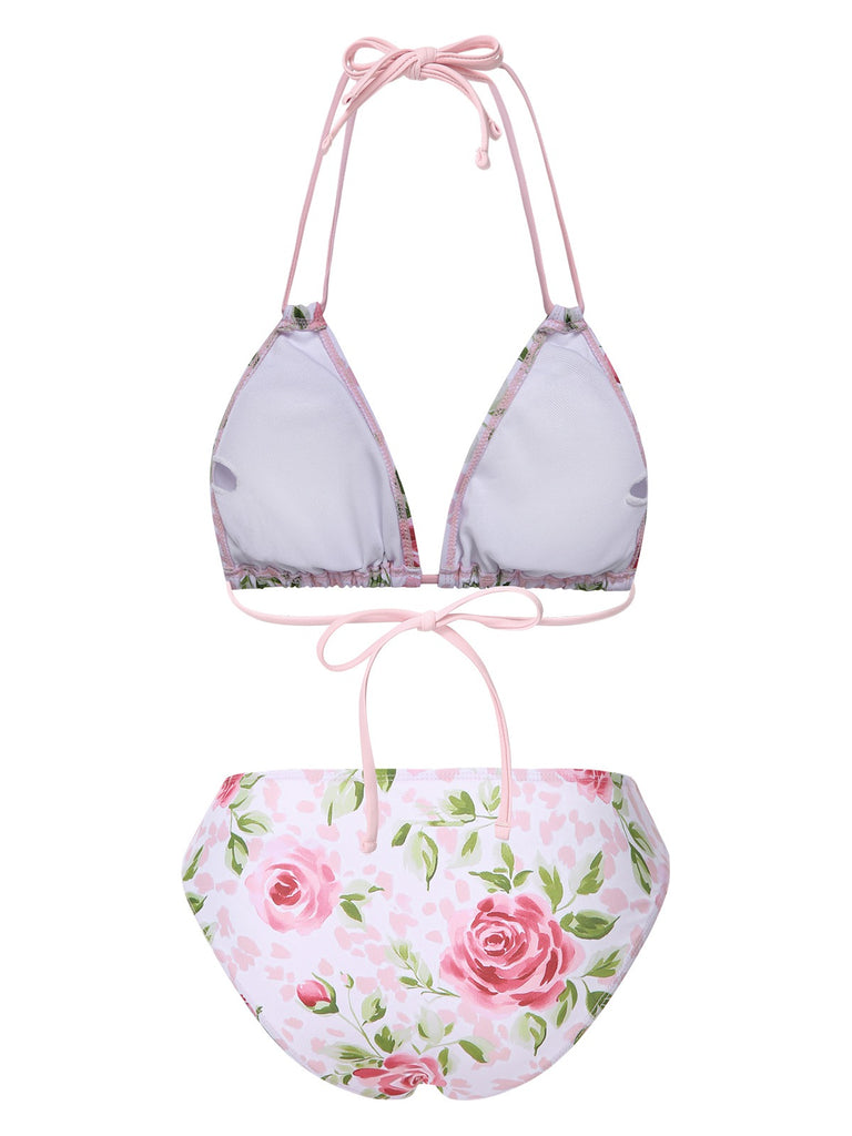 [Pre-Sale] Pink 1960s Lace-Up Halter Rose Bikini Set