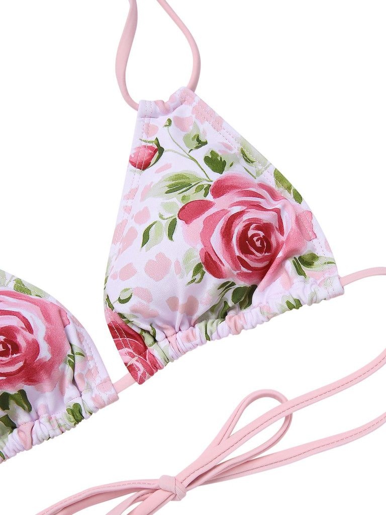 [Pre-Sale] Pink 1960s Lace-Up Halter Rose Bikini Set