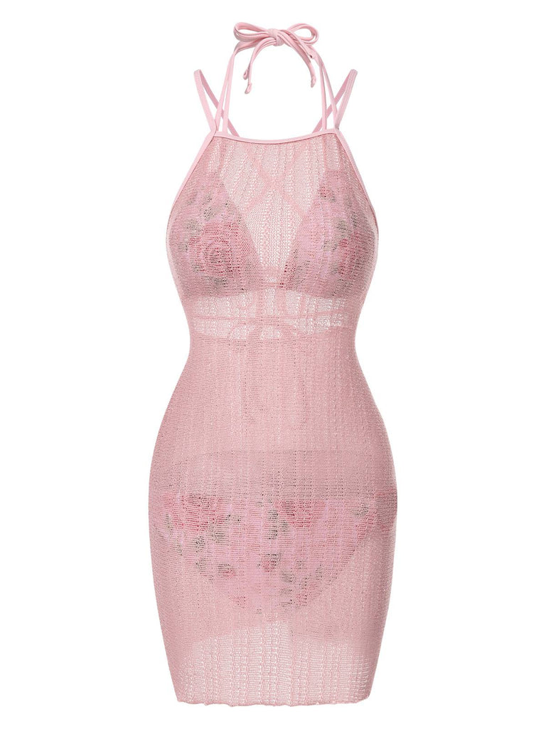 [Pre-Sale] 2PCS Pink 1940s Rose Bikini Set & Knitted Cover Up