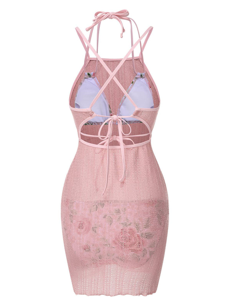 [Pre-Sale] 2PCS Pink 1940s Rose Bikini Set & Knitted Cover Up