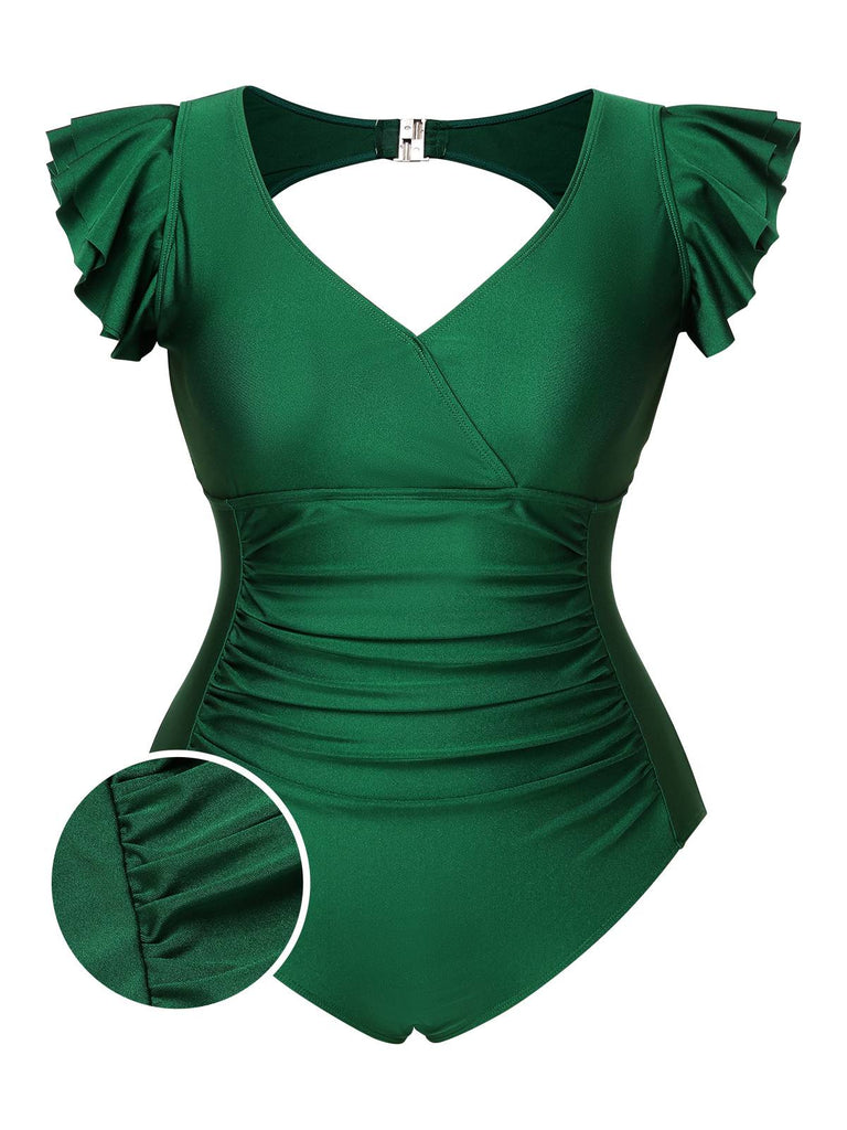 [Pre-Sale] [Plus Size] Green 1930s Ruffle Sleeve Back Hollow Swimsuit