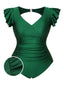 [Pre-Sale] [Plus Size] Green 1930s Ruffle Sleeve Back Hollow Swimsuit