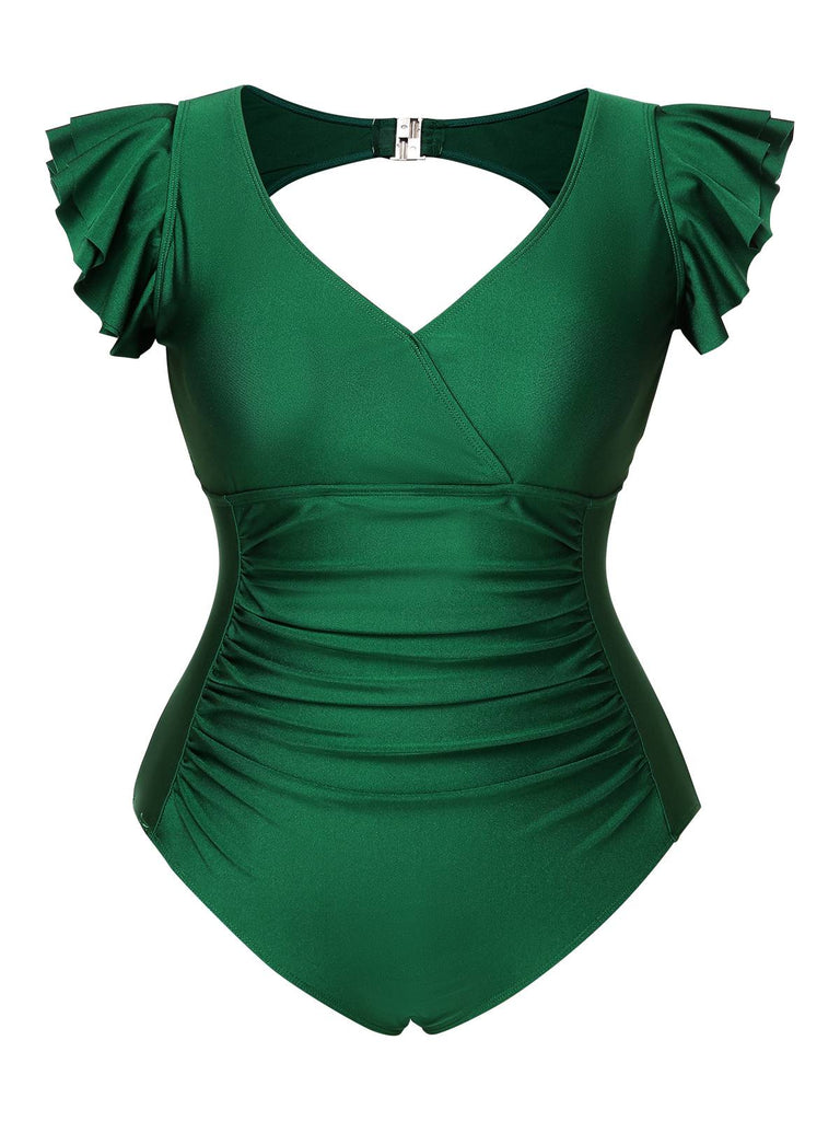 [Pre-Sale] [Plus Size] Green 1930s Ruffle Sleeve Back Hollow Swimsuit