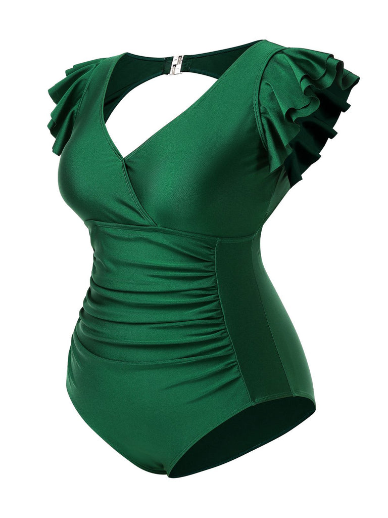 [Pre-Sale] [Plus Size] Green 1930s Ruffle Sleeve Back Hollow Swimsuit
