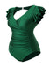 [Pre-Sale] [Plus Size] Green 1930s Ruffle Sleeve Back Hollow Swimsuit